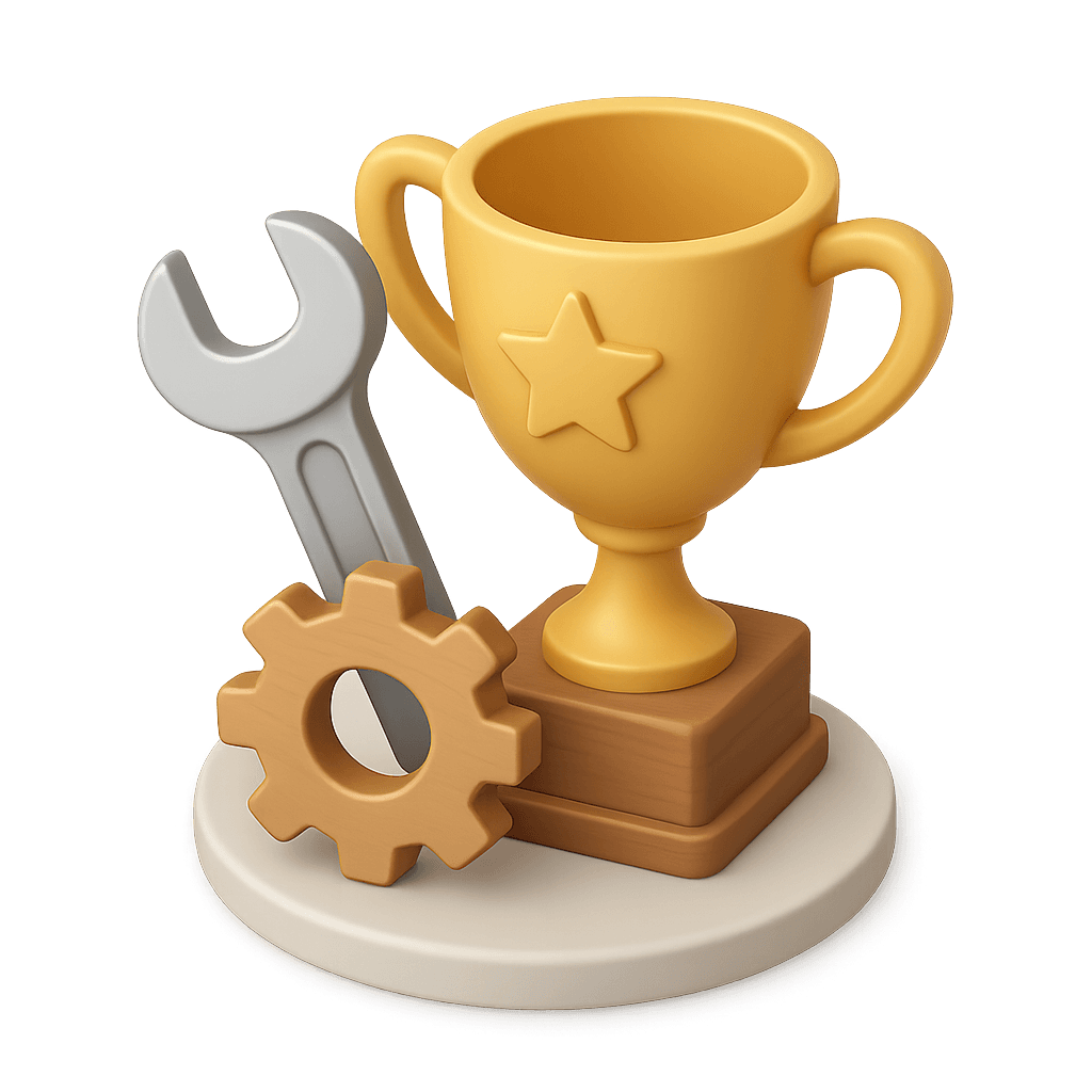 Stylized 3D trophy, wrench, and gear on a pedestal
