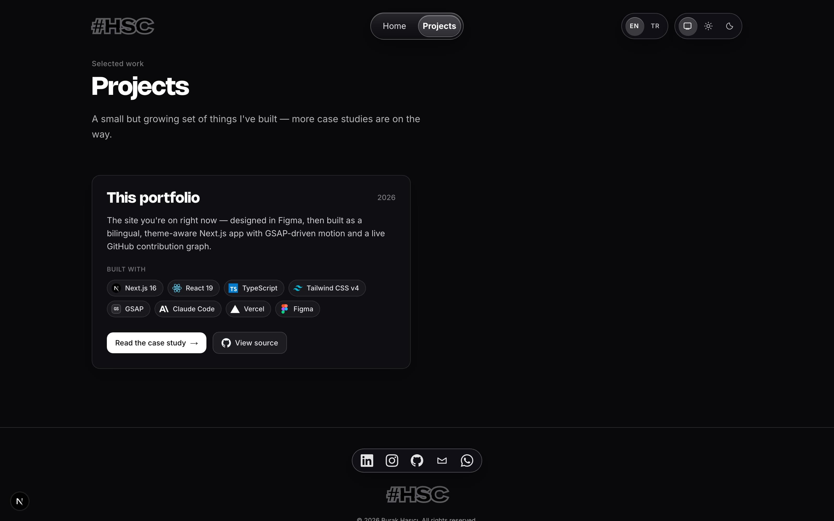 Projects index with a case-study card: summary, tech chips, and links to the write-up and source